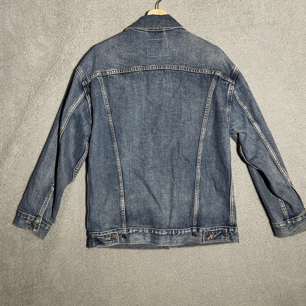 Levis Premium Jacket Men’s Medium Blue Denim Trucker Distressed Coat Big E - Picture 12 of 14